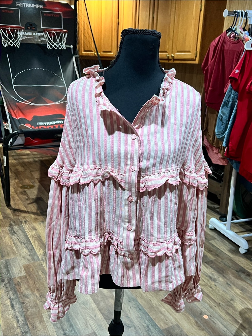 Ruffled Pink Striped Button-Front Blouse